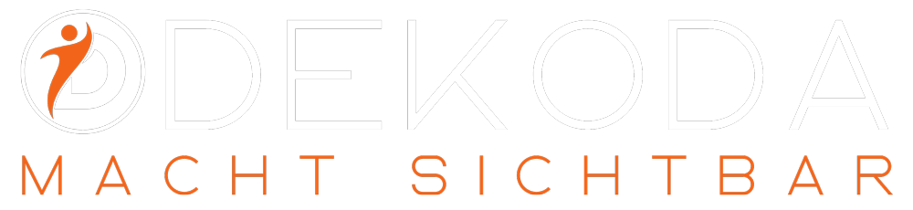 Logo von DEKODA mit einem weißen 'D' in einem Kreis und einer orangefarbenen Figur, die den Arm nach oben hält, neben dem Schriftzug 'DEKODA' und dem Slogan 'macht sichtbar' in Orange.