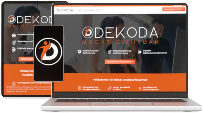 Geräte zeigen DEKODA Marketing Website und Logo